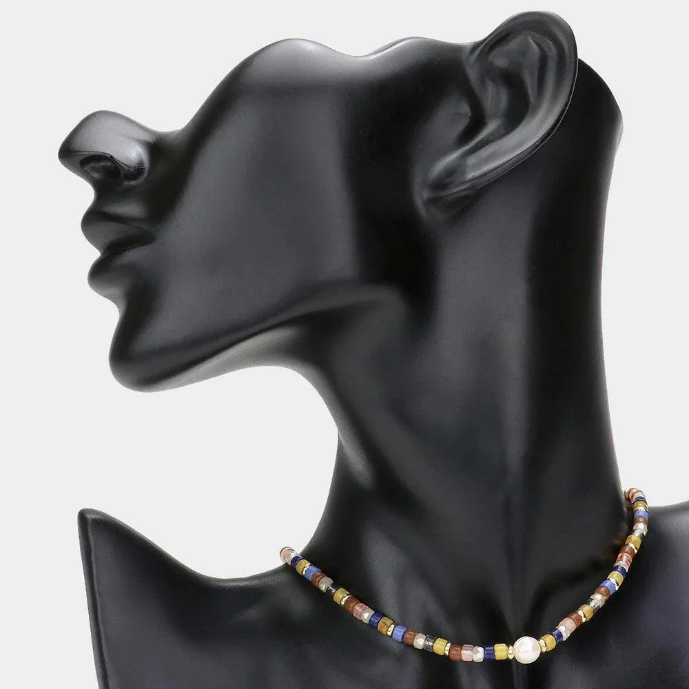 Gold Round Pearl Accented Metal Faceted Beaded Choker Necklace - Jewelry Store by Erik Rayo