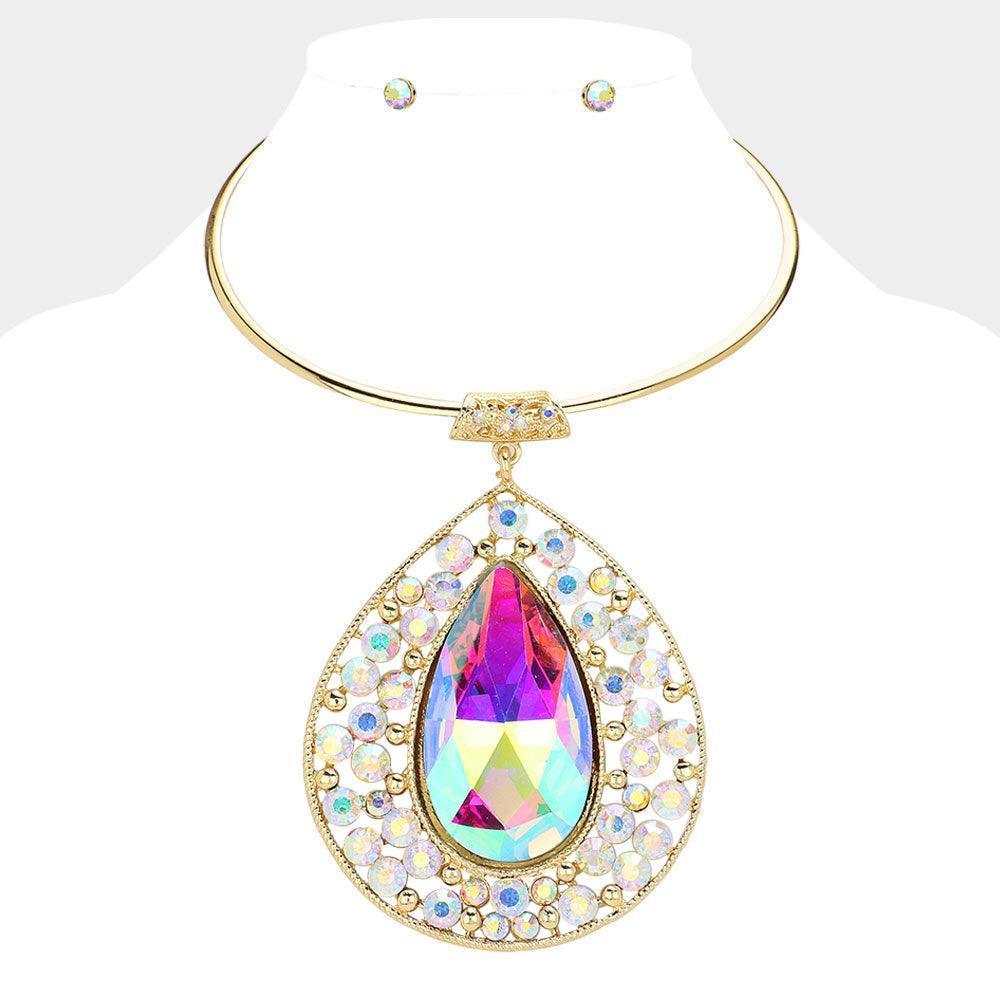 Gold Teardrop Centered Bubble Stone Cluster Choker Evening Necklace - Jewelry Store by Erik Rayo