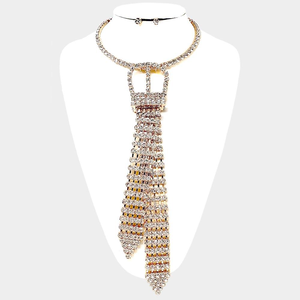 Gold Round Stone Embellished Tie Choker Necklace