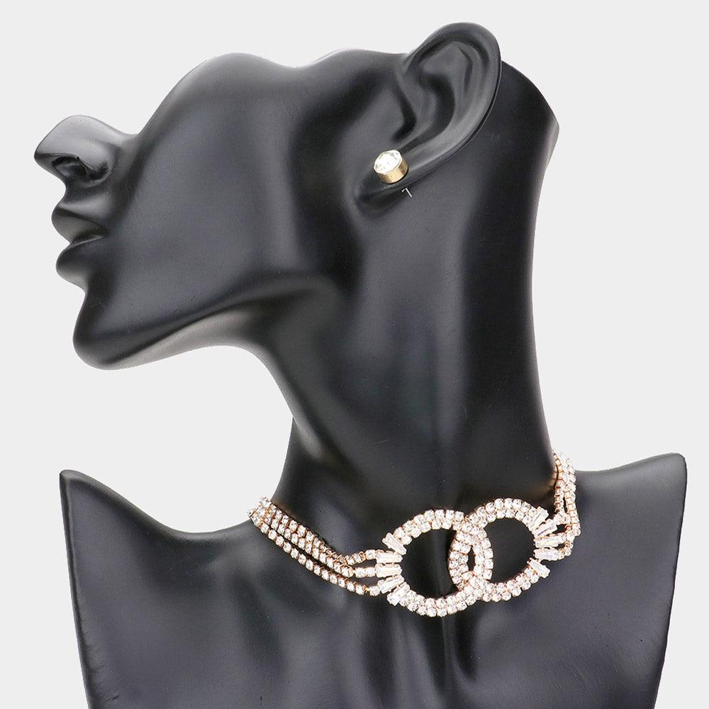 Gold Open Circle Link Accented Choker Necklace Rhinestone Paved