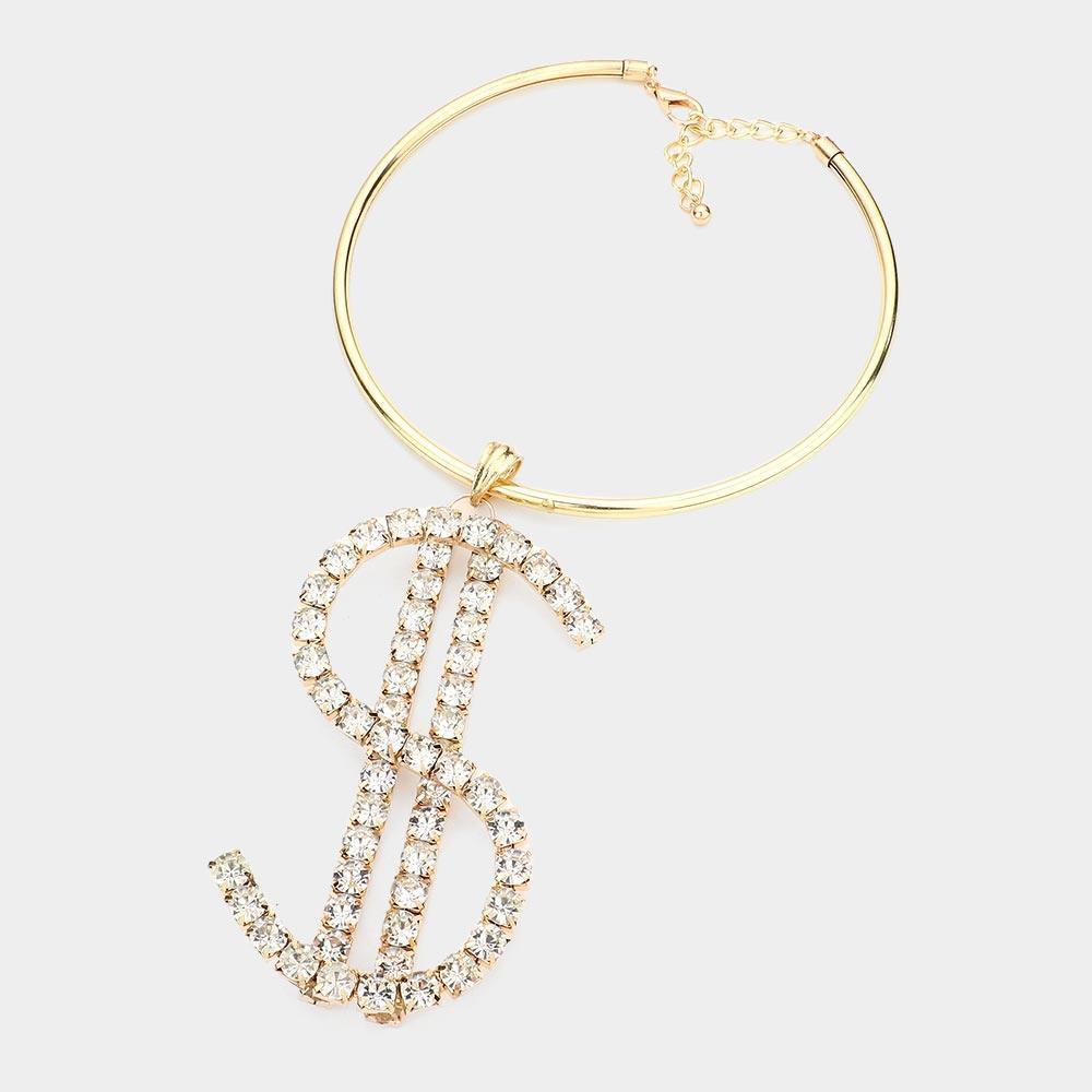 Gold Oversized Dollar Sign Pendant Choker Necklace Rhinestone Paved - Jewelry Store by Erik Rayo