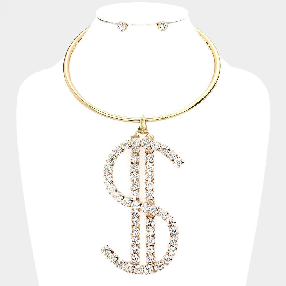 Gold Oversized Dollar Sign Pendant Choker Necklace Rhinestone Paved - Jewelry Store by Erik Rayo