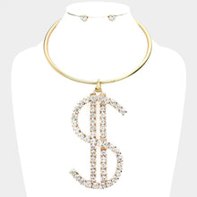 Load image into Gallery viewer, Gold Oversized Dollar Sign Pendant Choker Necklace Rhinestone Paved
