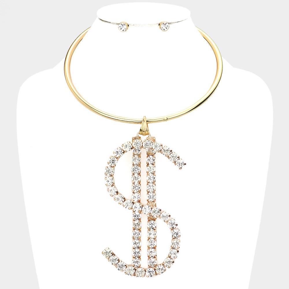 Gold Oversized Dollar Sign Pendant Choker Necklace Rhinestone Paved