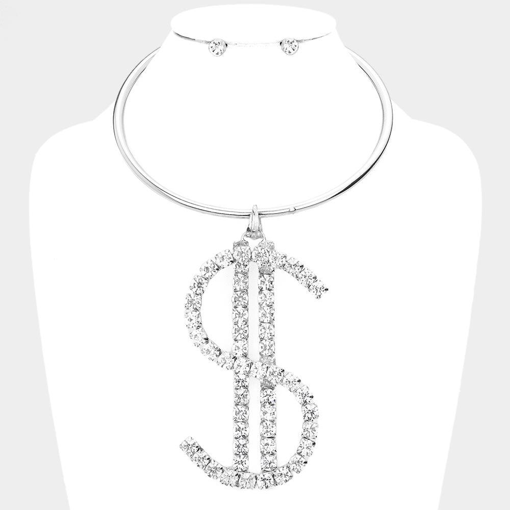 Oversized Dollar Sign Pendant Choker Necklace Rhinestone Paved