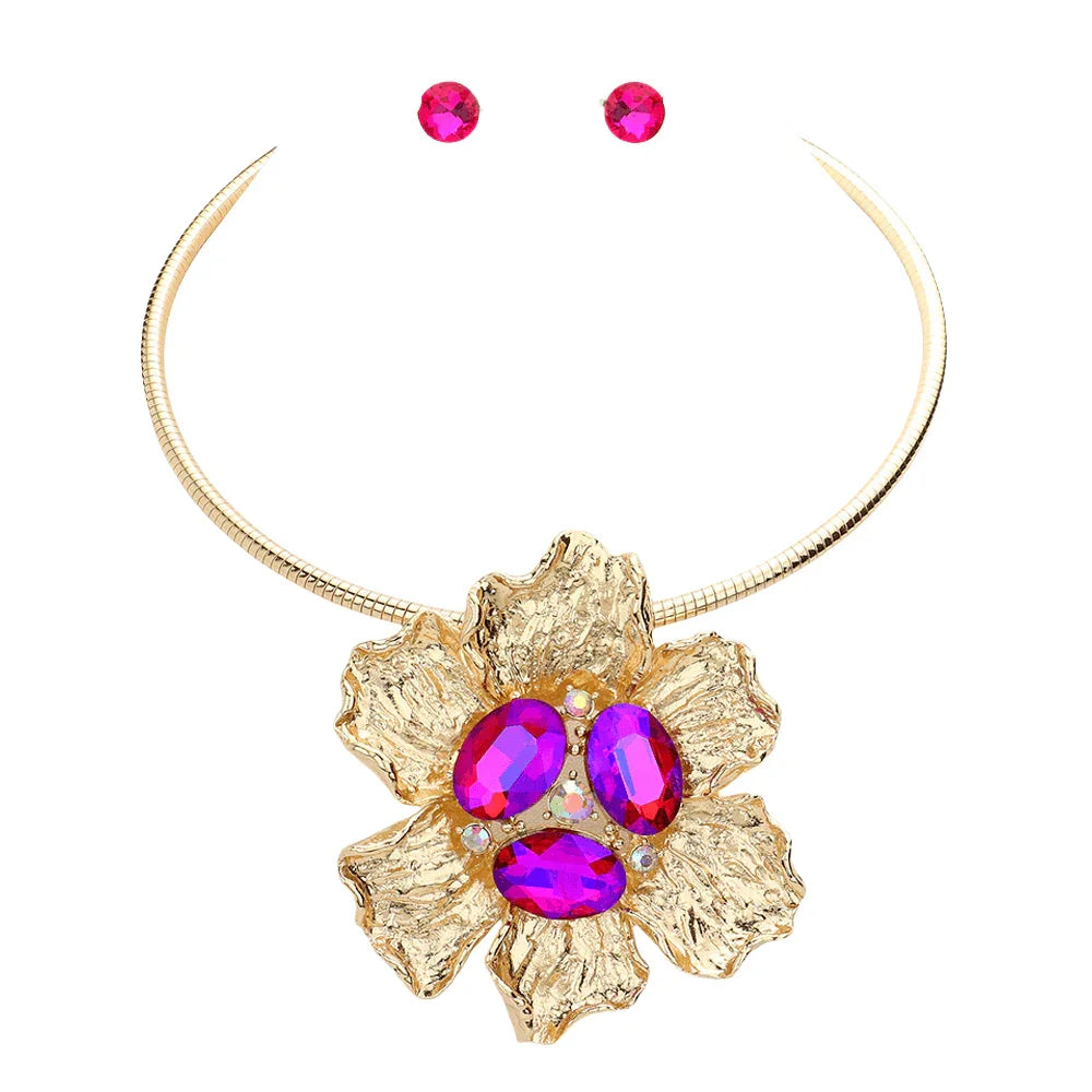 Fuchsia Oval Stone Accented Flower Evening Choker Necklace - Jewelry Store by Erik Rayo