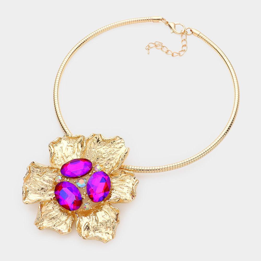 Fuchsia Oval Stone Accented Flower Evening Choker Necklace - Jewelry Store by Erik Rayo