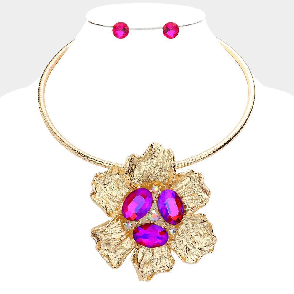 Fuchsia Oval Stone Accented Flower Evening Choker Necklace - Jewelry Store by Erik Rayo