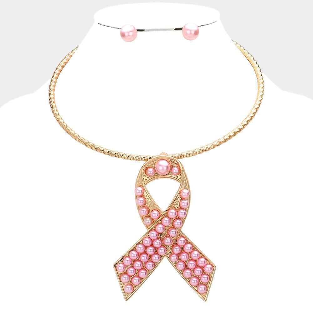 Pink Pearl Pink Ribbon Pendant Choker Necklace - Jewelry Store by Erik Rayo