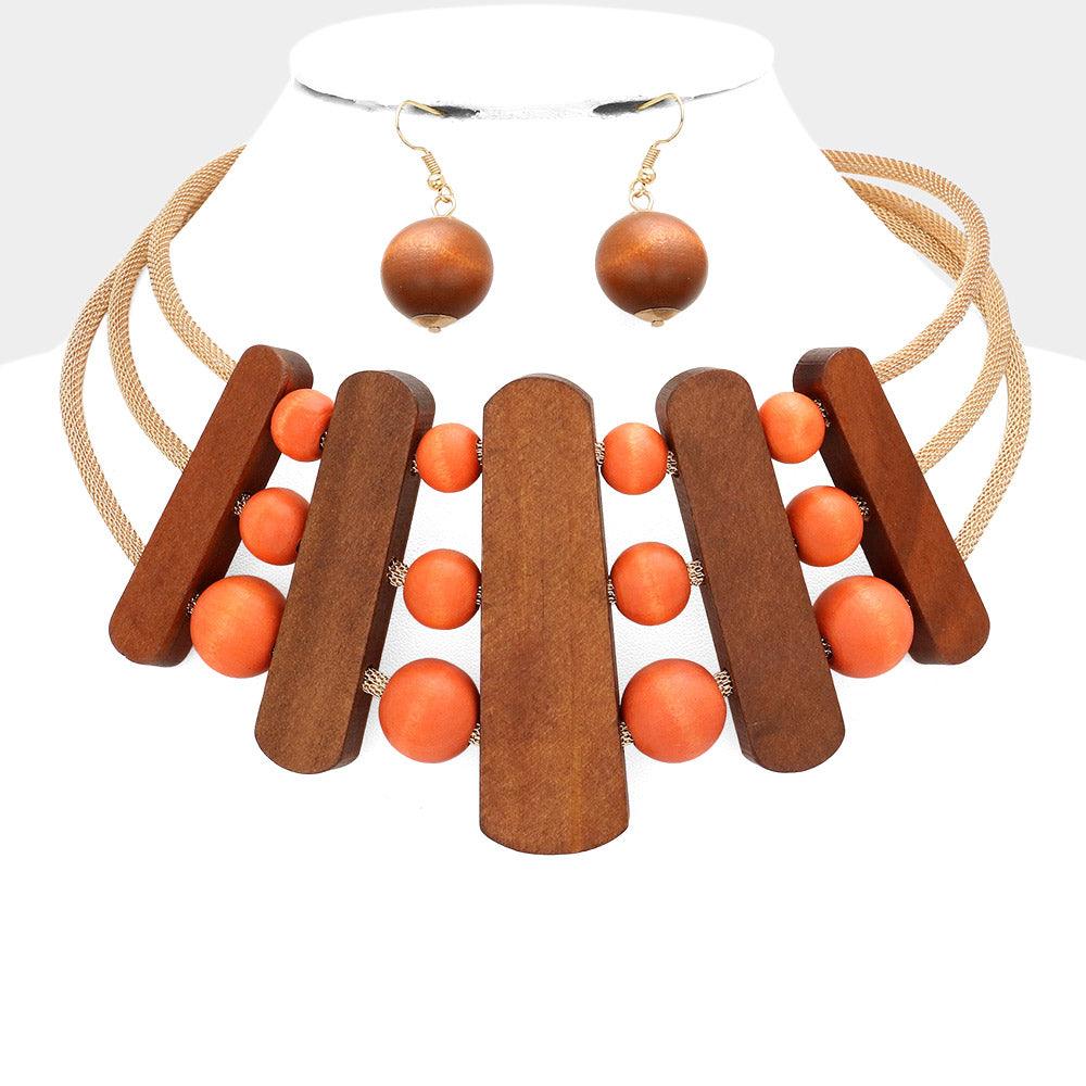 Brown Abstract Wood Choker Necklace