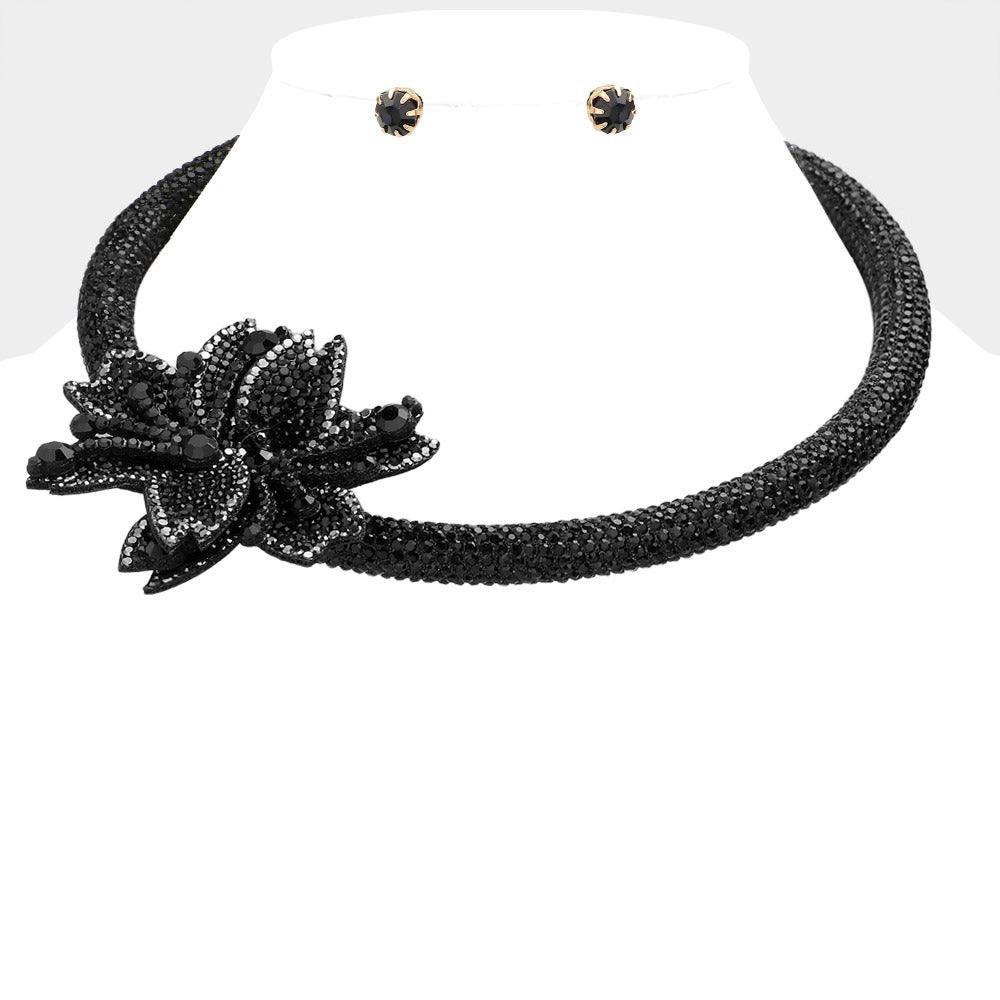 Black Bling Flower Pointed Evening Choker Necklace