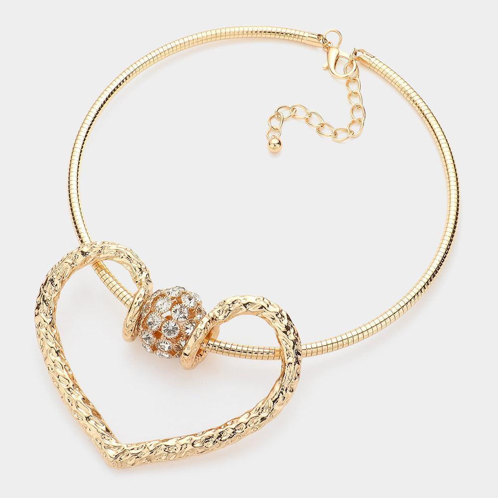 Gold Oversized Heart Pendant Choker Necklace Rhinestone Paved - Jewelry Store by Erik Rayo