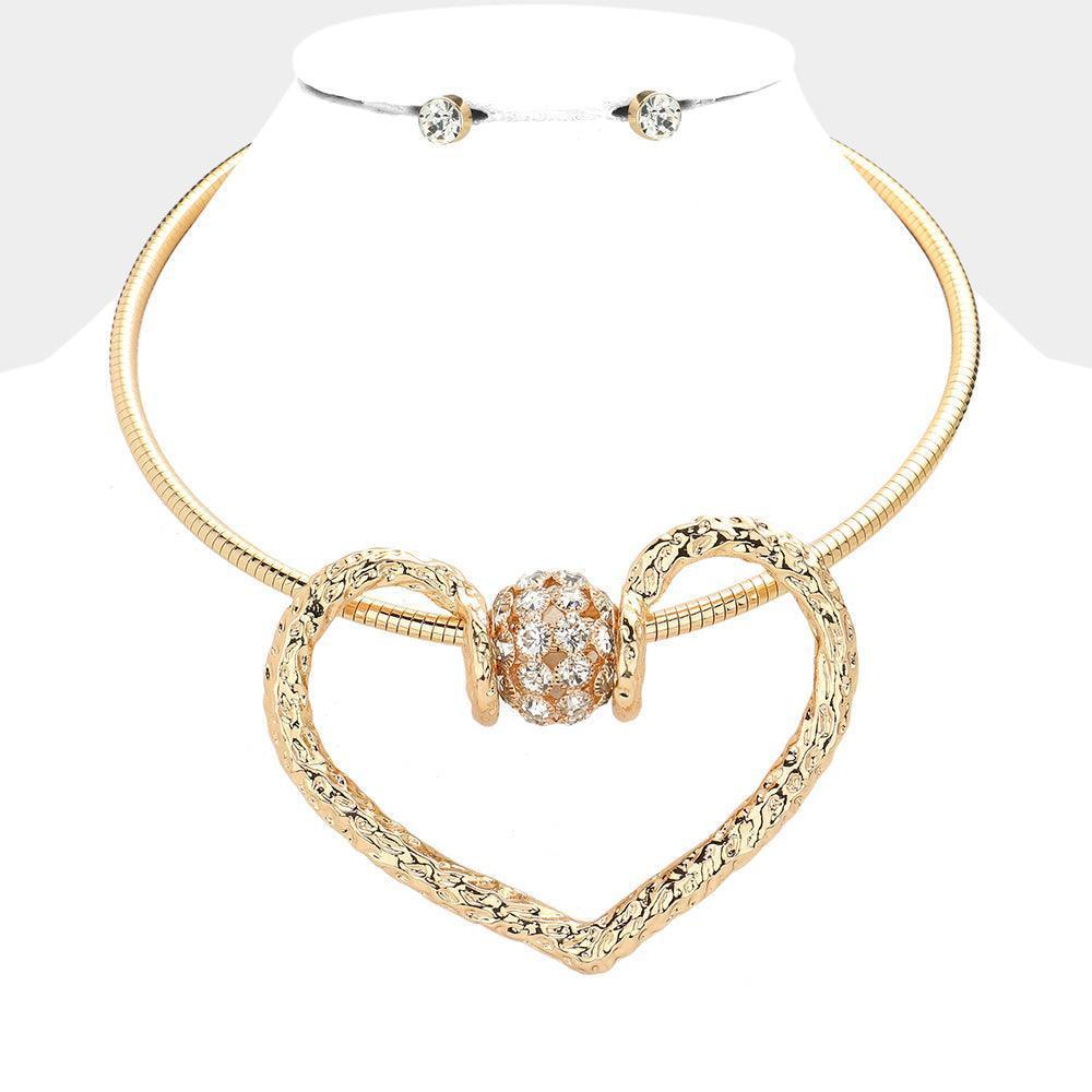 Gold Oversized Heart Pendant Choker Necklace Rhinestone Paved - Jewelry Store by Erik Rayo