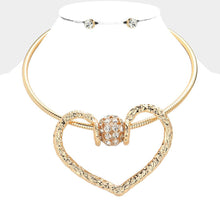 Load image into Gallery viewer, Gold Oversized Heart Pendant Choker Necklace Rhinestone Paved
