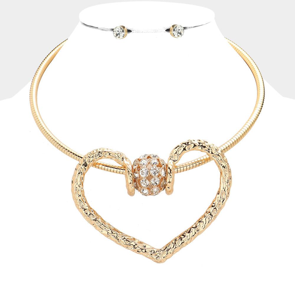 Gold Oversized Heart Pendant Choker Necklace Rhinestone Paved