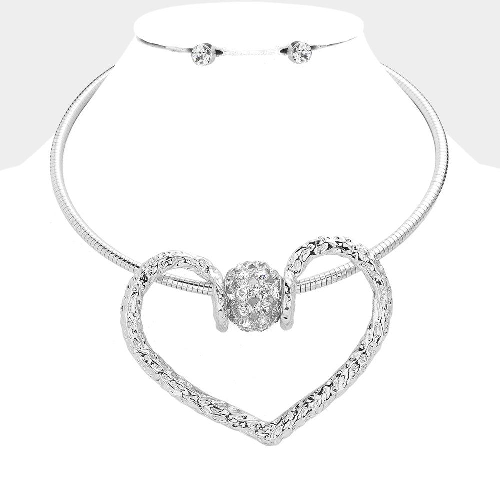 Oversized Heart Pendant Choker Necklace Rhinestone Paved