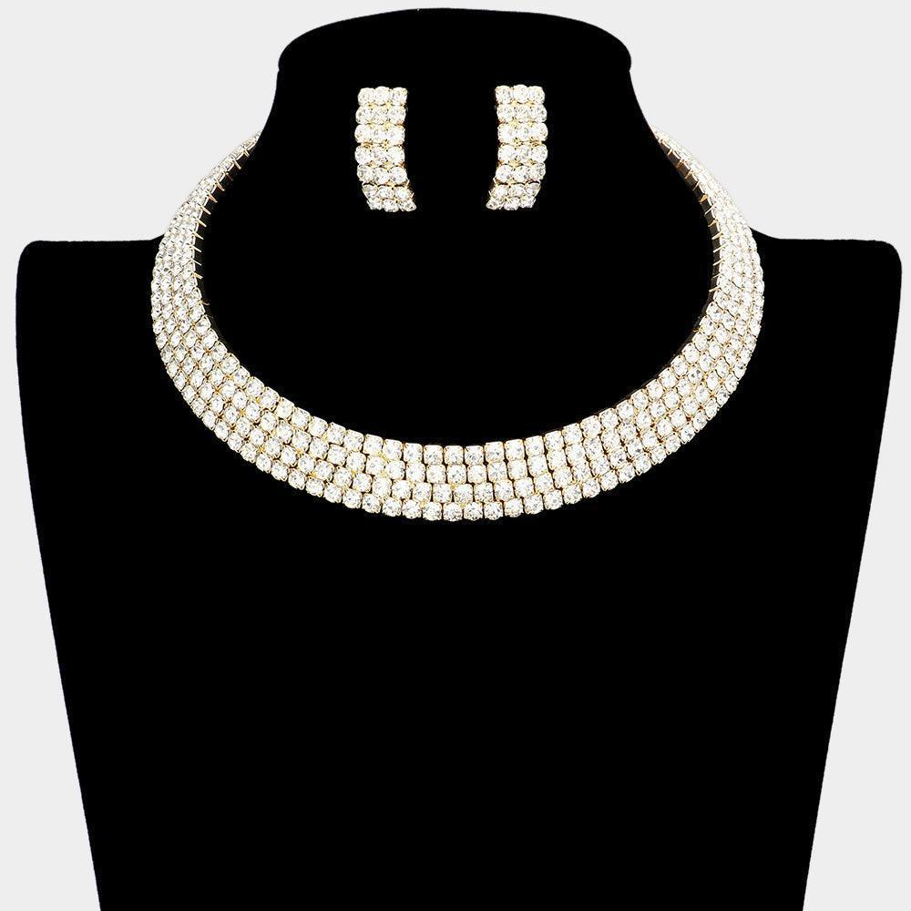 Gold 4 Row crystal Rhinestone Banded Open Choker Necklace - Jewelry Store by Erik Rayo