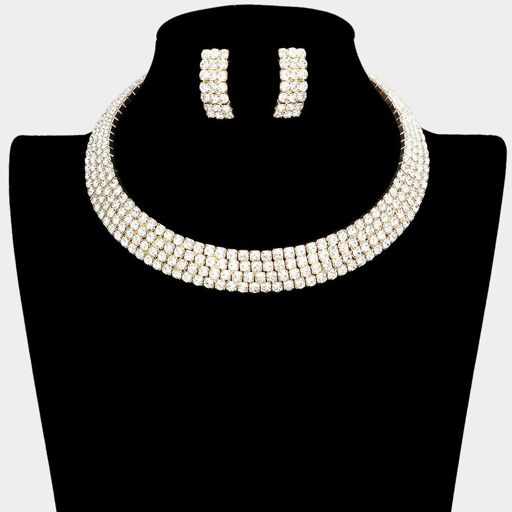 Gold 4 Row crystal Rhinestone Banded Open Choker Necklace