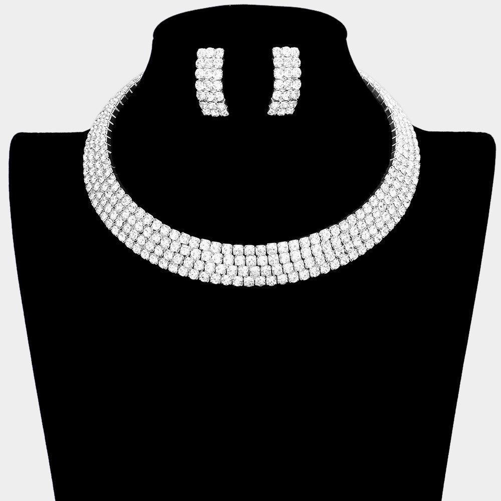 Silver 4 Row crystal Rhinestone Banded Open Choker Necklace - Jewelry Store by Erik Rayo