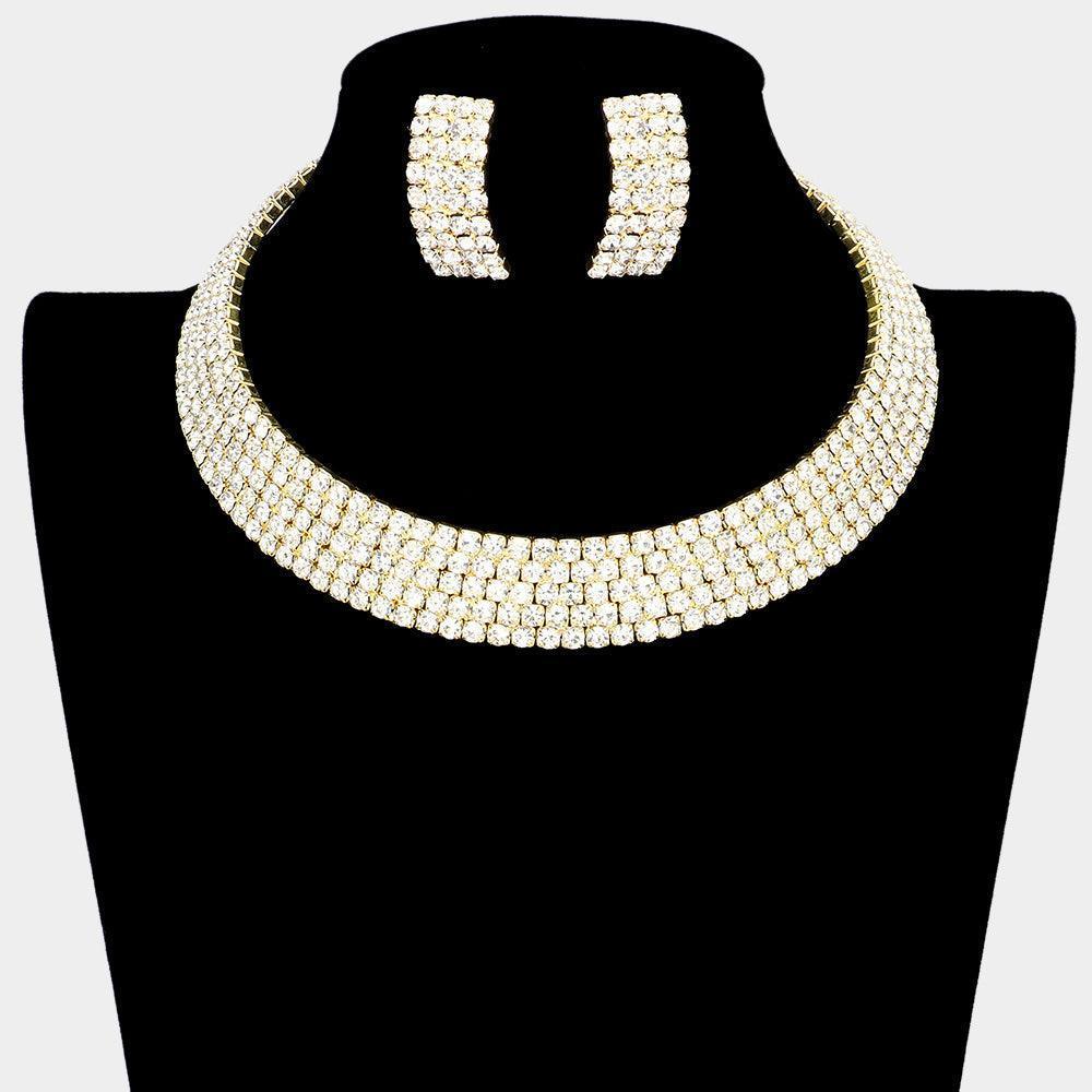 Gold 5Rows Crystal Rhinestone Choker Cuff Necklace - Jewelry Store by Erik Rayo