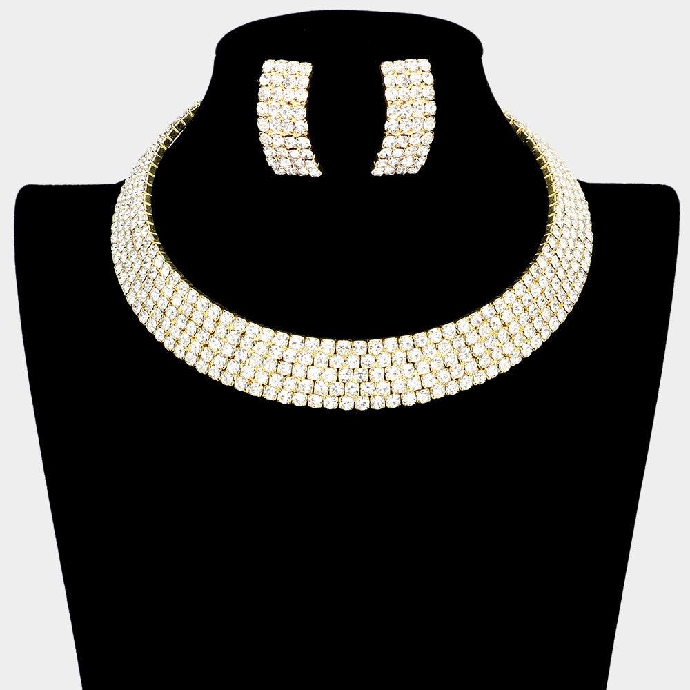 Gold 5Rows Crystal Rhinestone Choker Cuff Necklace