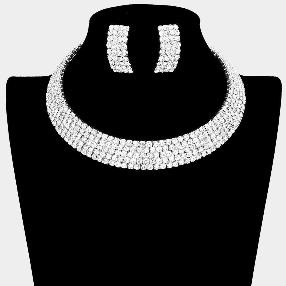 Silver 5Rows Crystal Rhinestone Choker Cuff Necklace - Jewelry Store by Erik Rayo