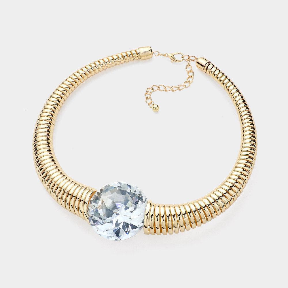 Gold Round Glass Stone Pointed Metal Coil Choker Necklace - Jewelry Store by Erik Rayo