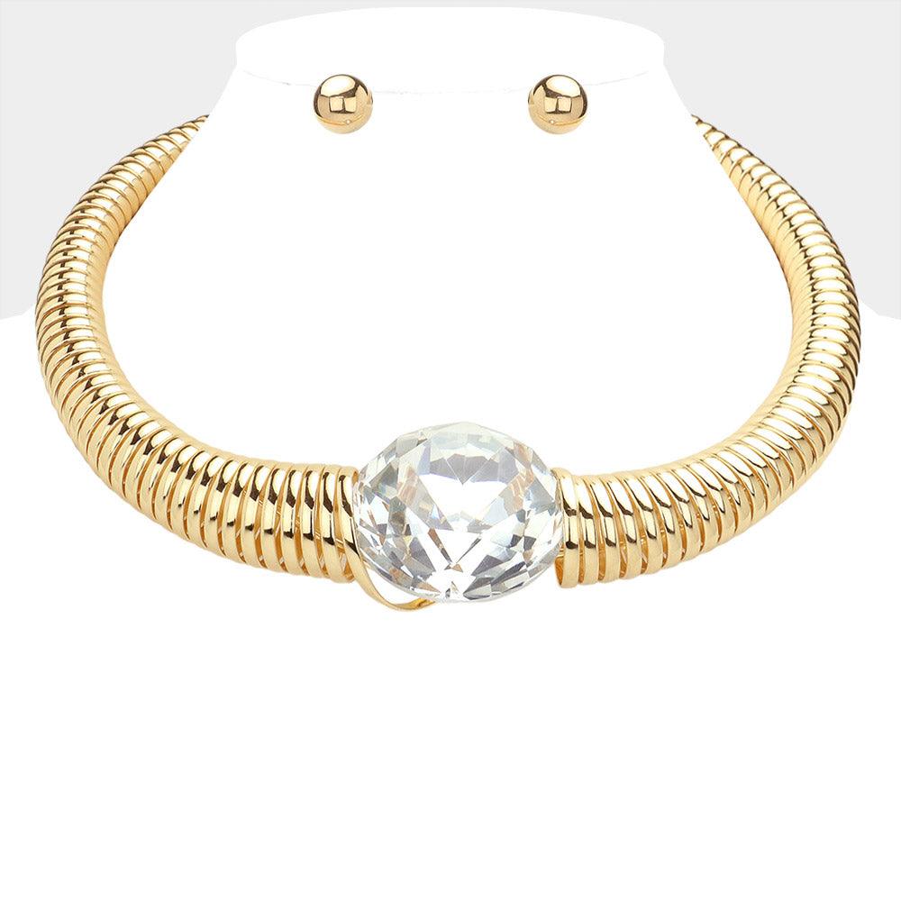 Gold Round Glass Stone Pointed Metal Coil Choker Necklace