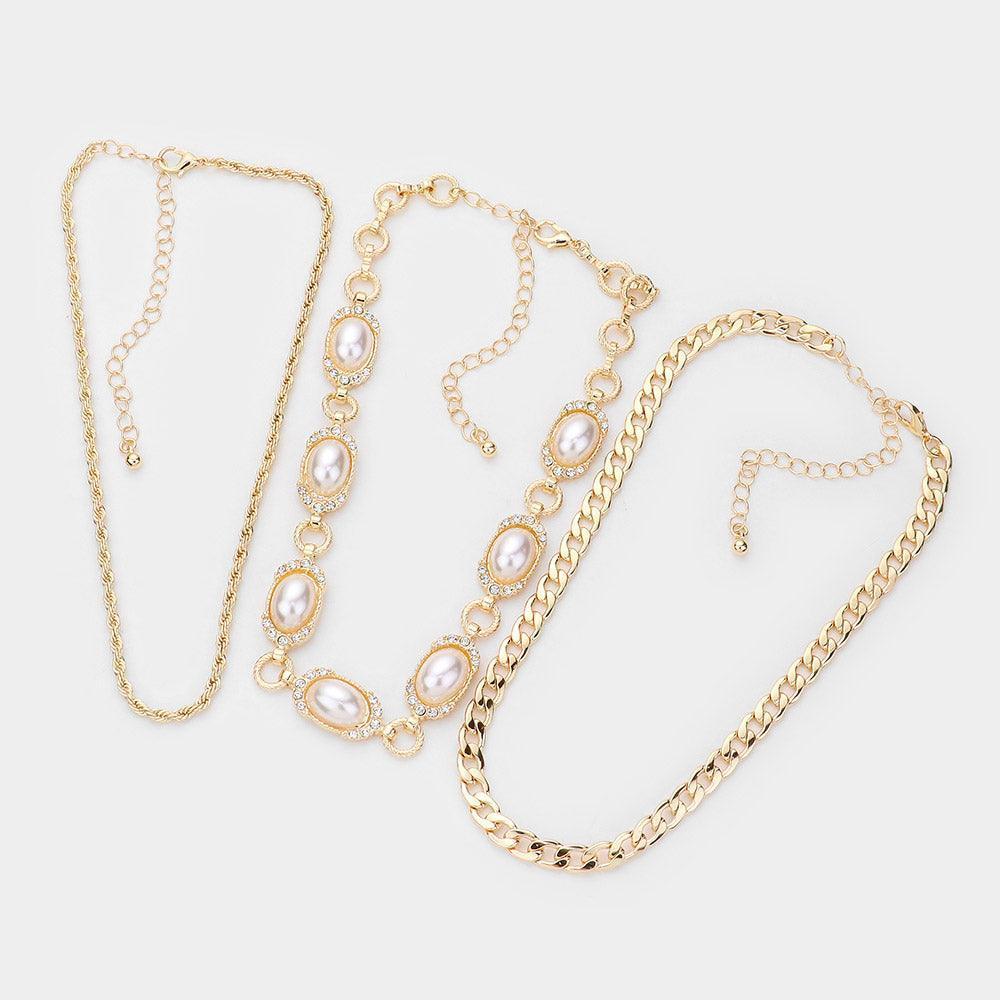 Cream 3 Piece Metal Chain Rhinestone Embellished Oval Pearl Link Choker Necklaces - Jewelry Store by Erik Rayo
