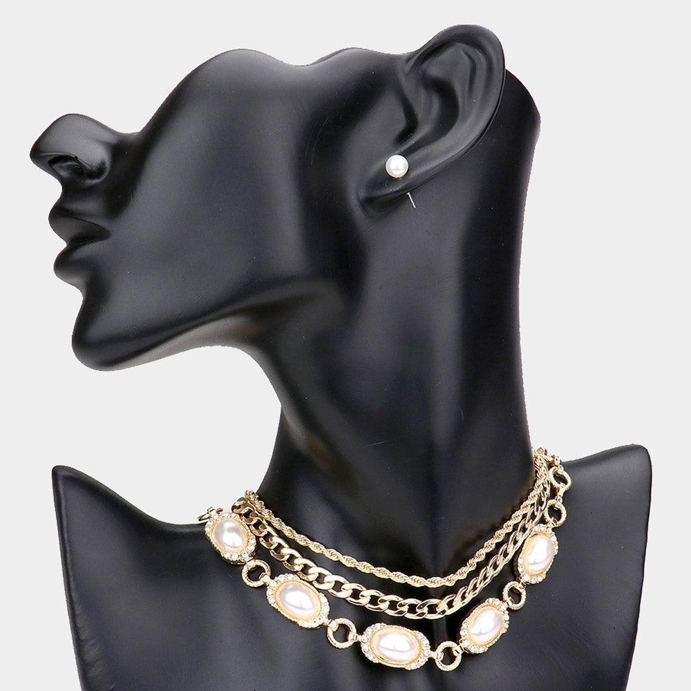 Cream 3 Piece Metal Chain Rhinestone Embellished Oval Pearl Link Choker Necklaces - Jewelry Store by Erik Rayo