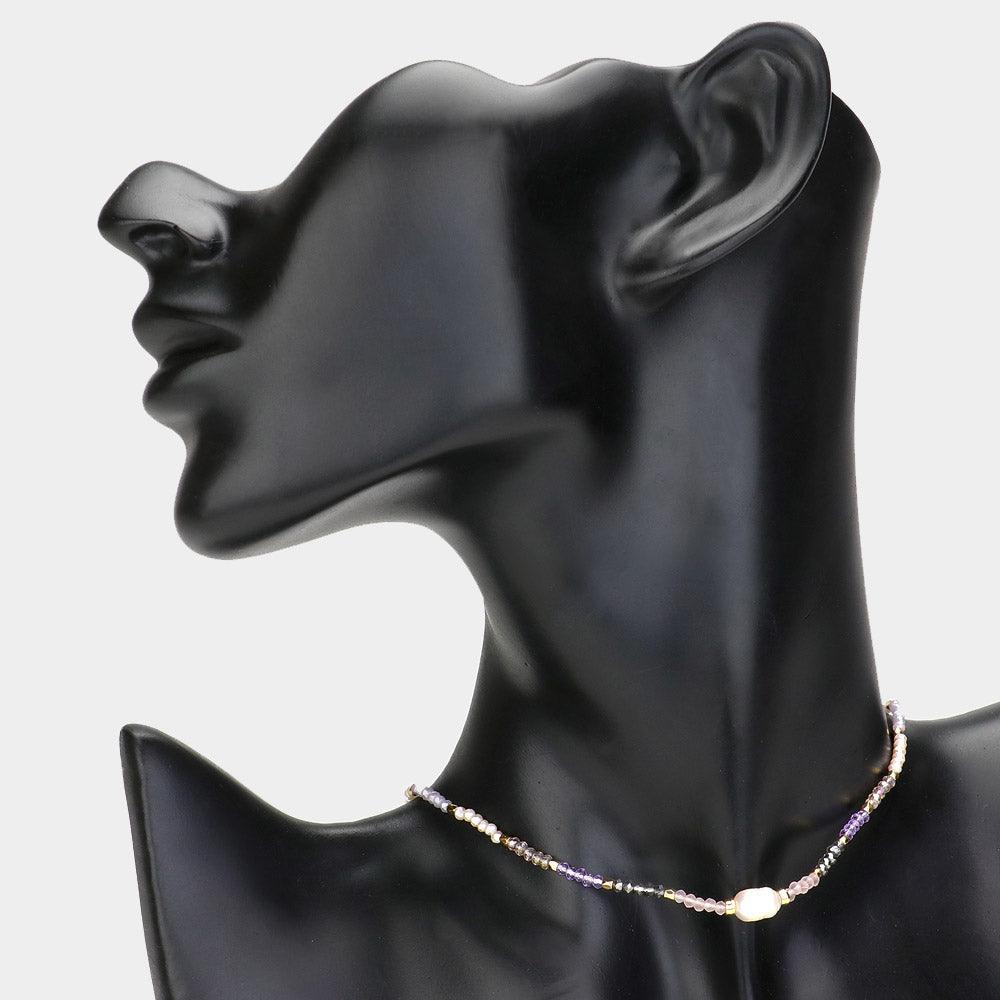 Gold Pearl Pointed Faceted Beaded Choker Necklace