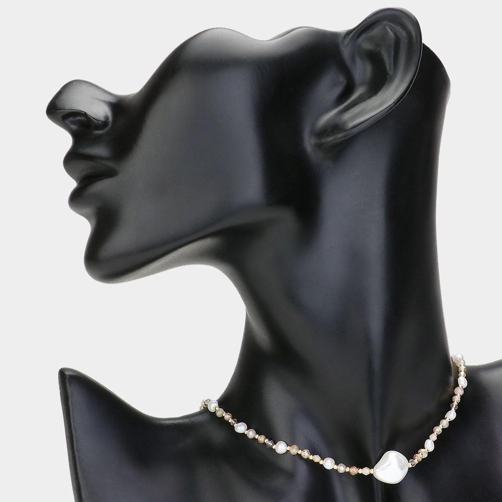 Gold Pearl Pointed Faceted Beaded Choker Necklace