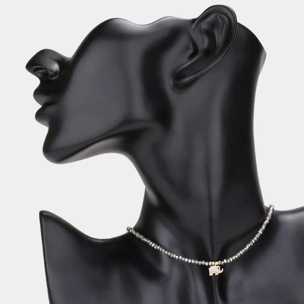 Black CZ Brass Metal Elephant Pendant Faceted Beaded Choker Necklace - Jewelry Store by Erik Rayo