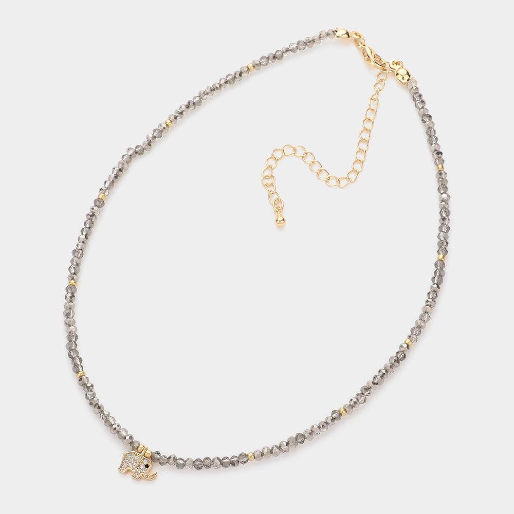 Black CZ Brass Metal Elephant Pendant Faceted Beaded Choker Necklace - Jewelry Store by Erik Rayo