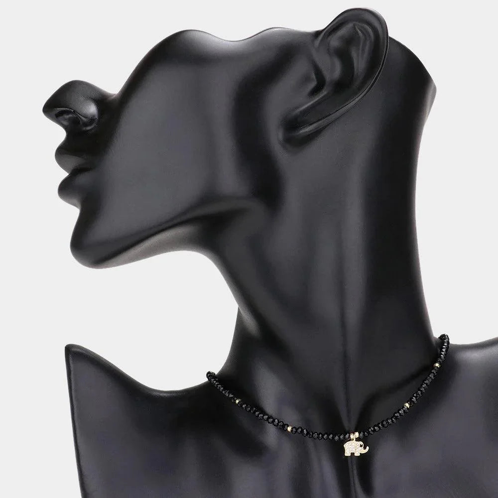 Black CZ Brass Metal Elephant Pendant Faceted Beaded Choker Necklace - Jewelry Store by Erik Rayo