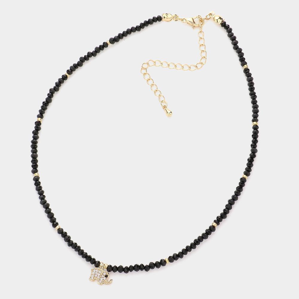 Black CZ Brass Metal Elephant Pendant Faceted Beaded Choker Necklace - Jewelry Store by Erik Rayo