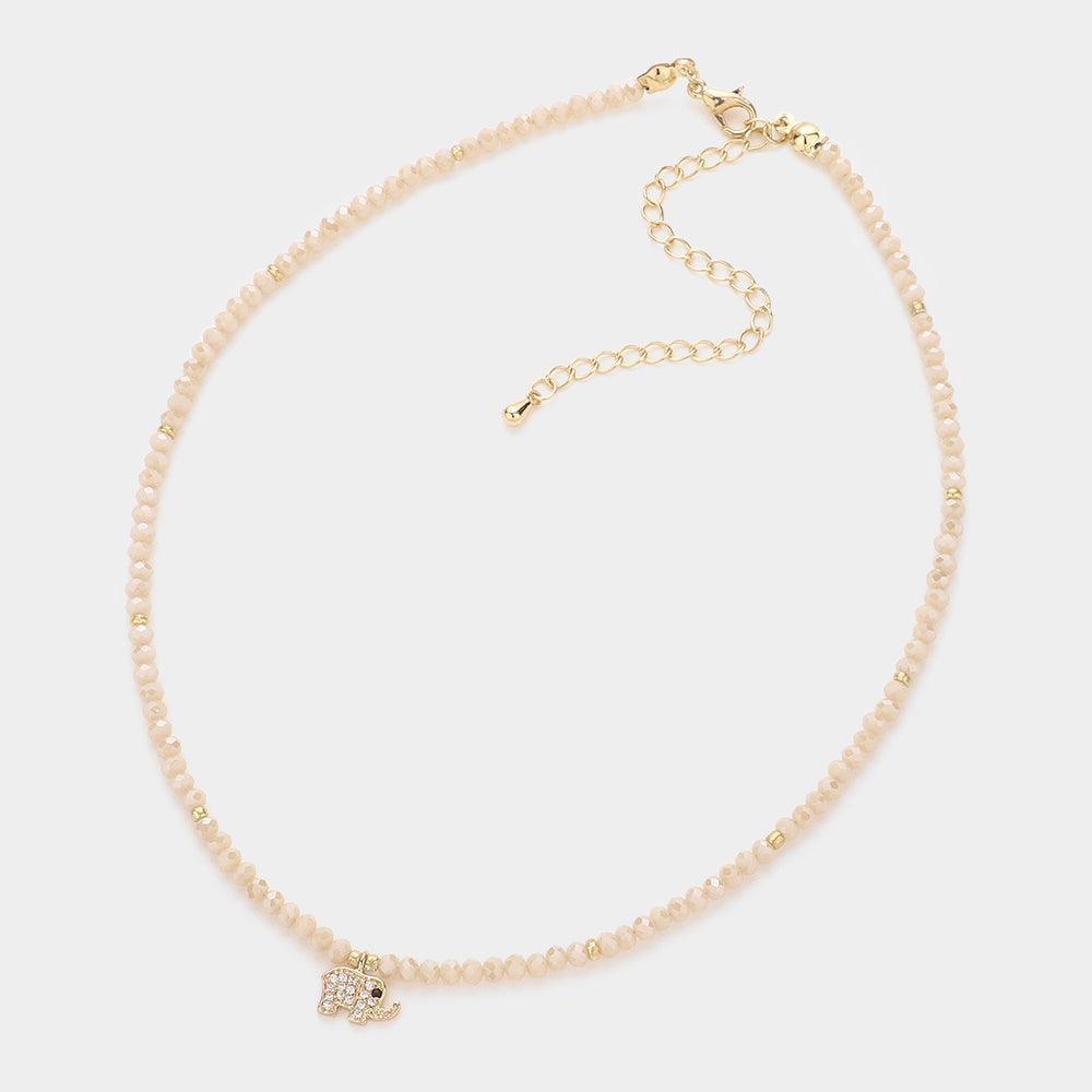 Beige CZ Brass Metal Elephant Pendant Faceted Beaded Choker Necklace - Jewelry Store by Erik Rayo