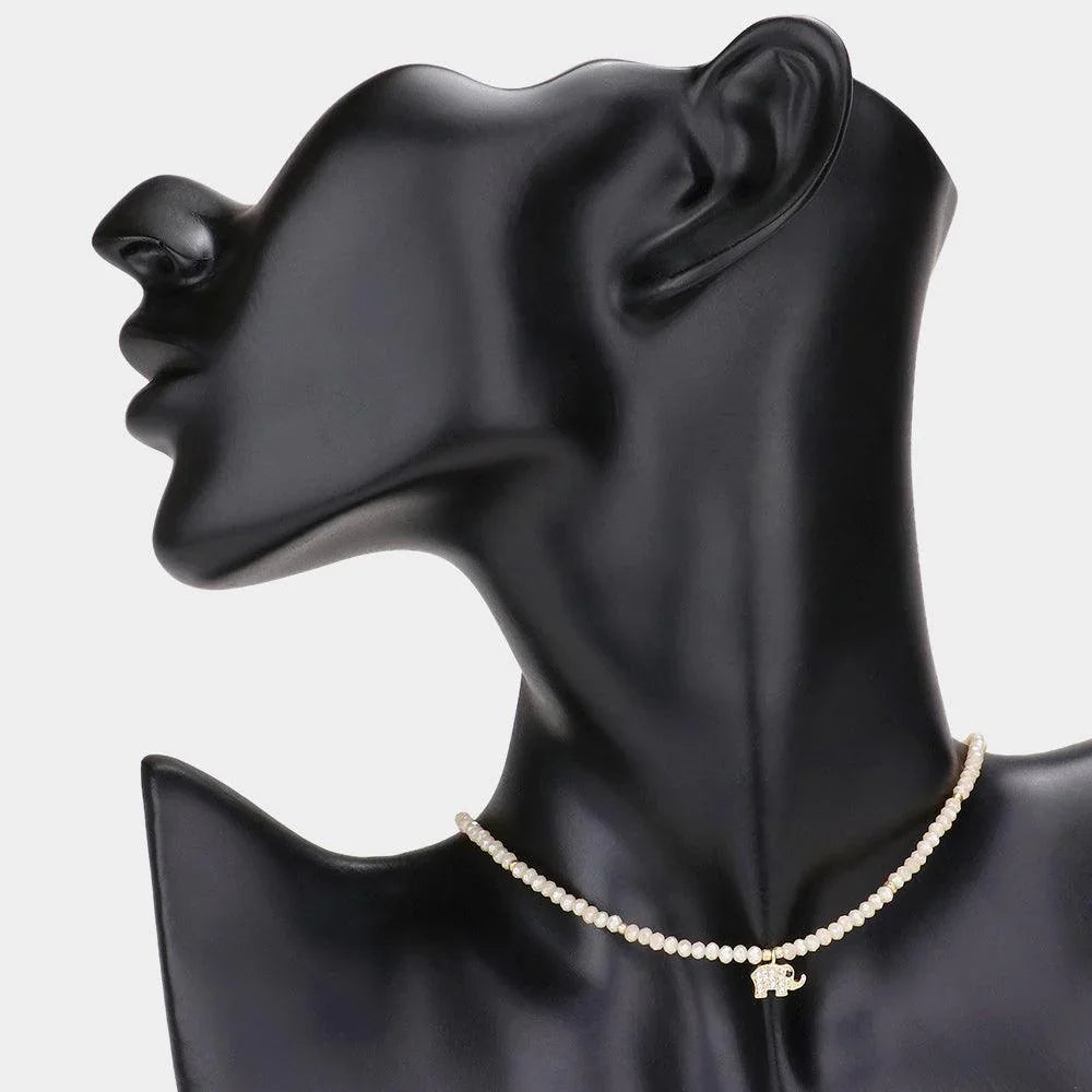 Beige CZ Brass Metal Elephant Pendant Faceted Beaded Choker Necklace - Jewelry Store by Erik Rayo