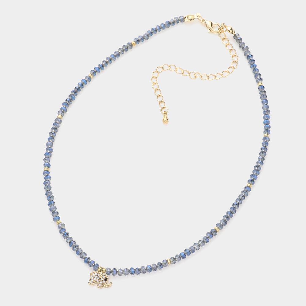 Blue CZ Brass Metal Elephant Pendant Faceted Beaded Choker Necklace - Jewelry Store by Erik Rayo