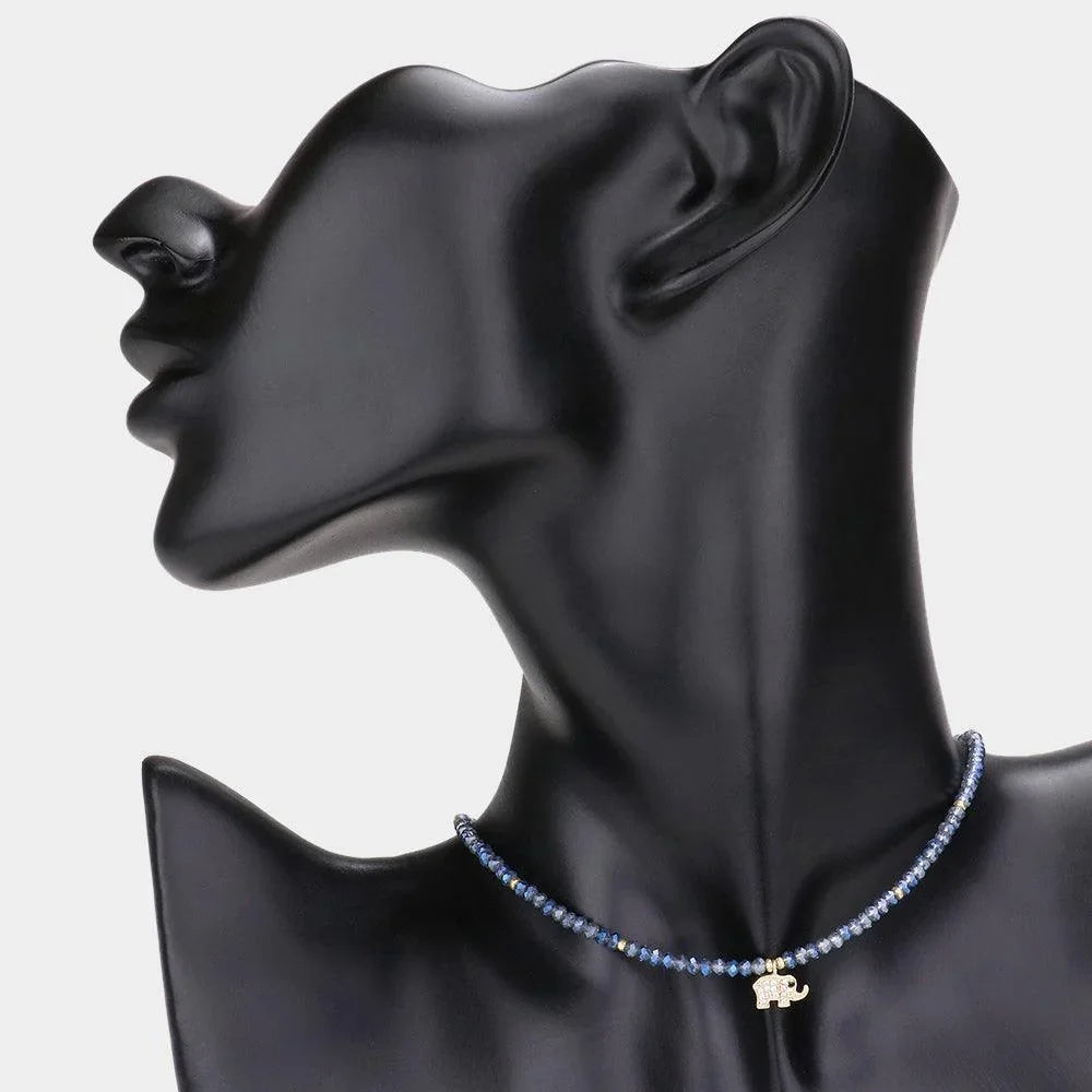 Blue CZ Brass Metal Elephant Pendant Faceted Beaded Choker Necklace - Jewelry Store by Erik Rayo
