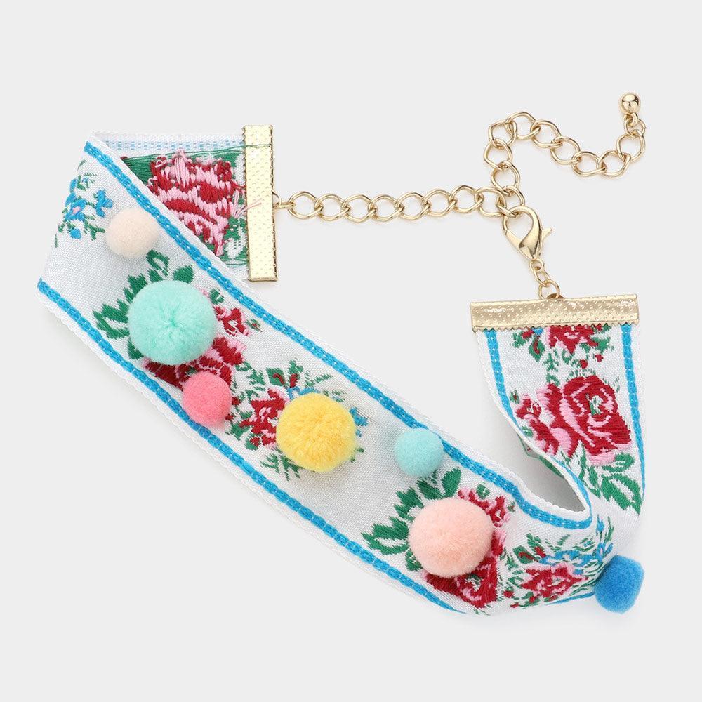 Embroidery Flower Pom Pom Choker Necklace - Jewelry Store by Erik Rayo