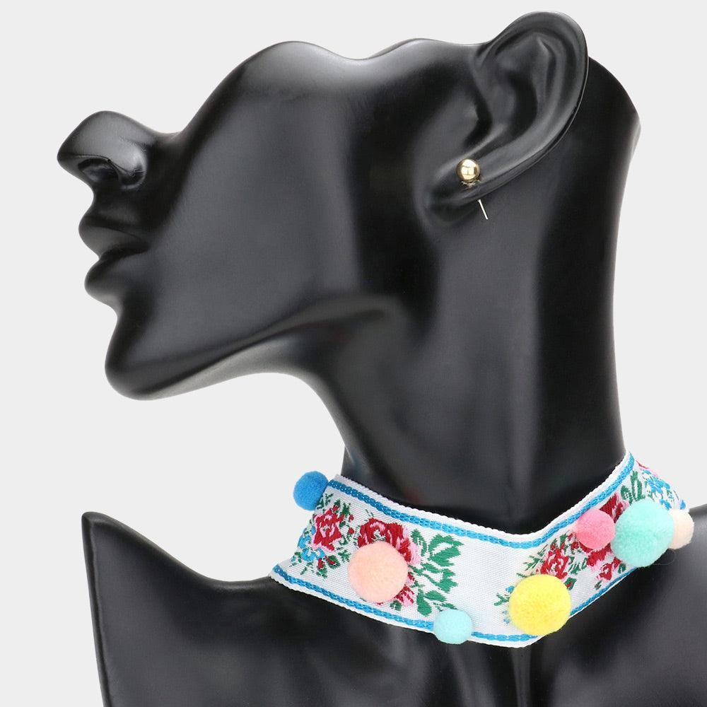 Embroidery Flower Pom Pom Choker Necklace - Jewelry Store by Erik Rayo