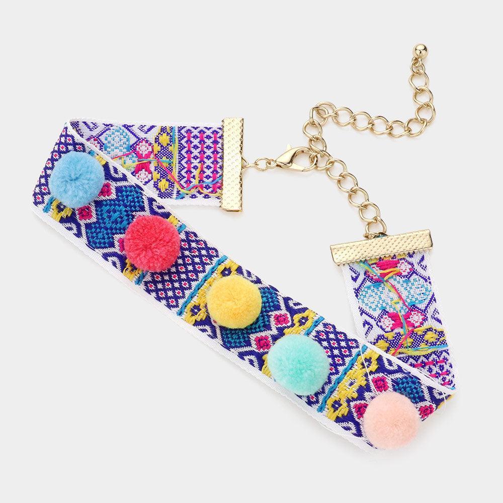 Blue Pom Pom Embroidered Choker Necklace - Jewelry Store by Erik Rayo