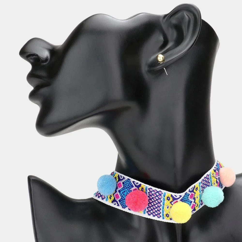 Blue Pom Pom Embroidered Choker Necklace - Jewelry Store by Erik Rayo