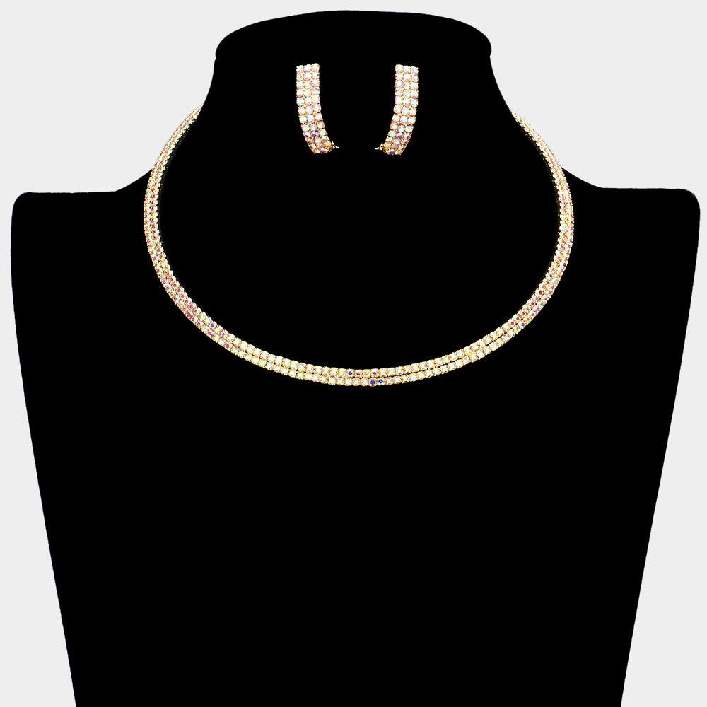 Gold 2 Rows Choker Necklace Rhinestone Paved