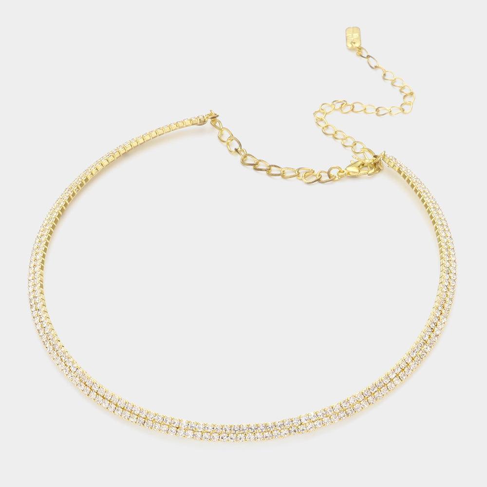 Gold 2 Rows Choker Necklace Rhinestone Paved - Jewelry Store by Erik Rayo