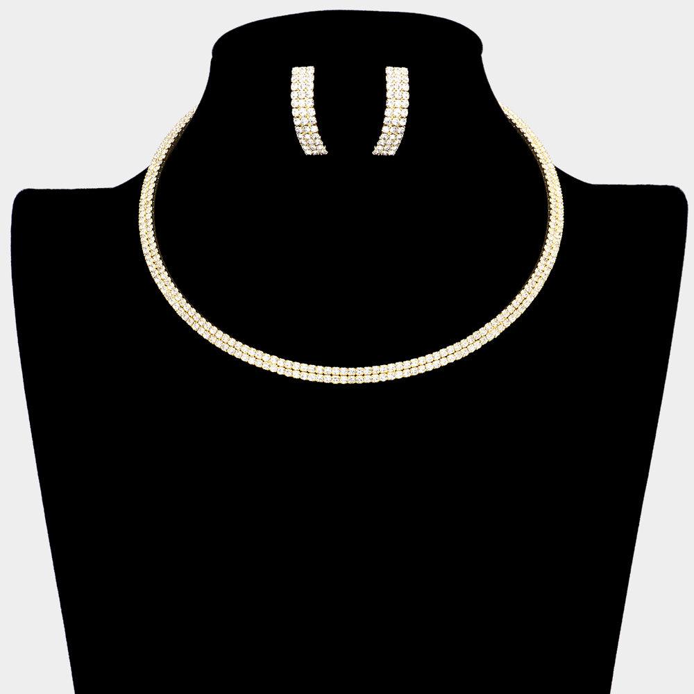 Gold 2 Rows Choker Necklace Rhinestone Paved