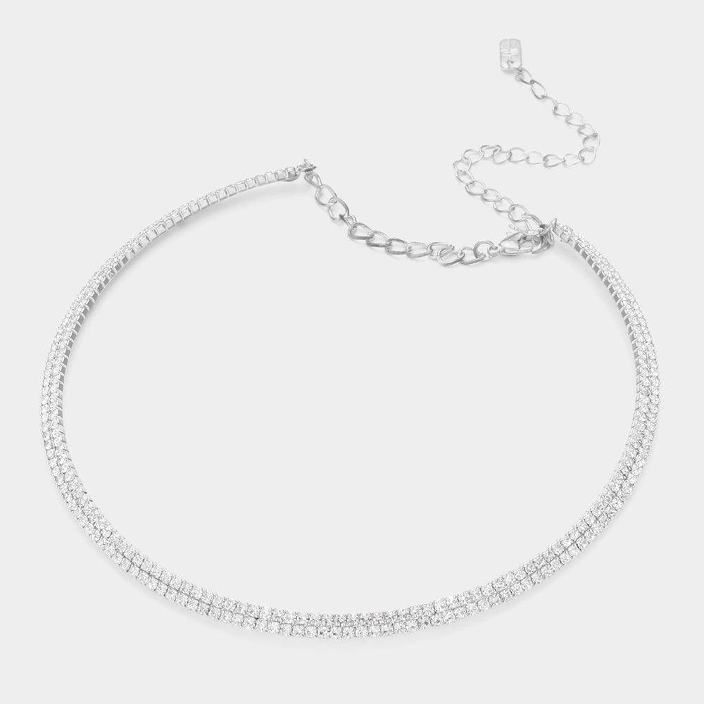 Silver 2 Rows Choker Necklace Rhinestone Paved - Jewelry Store by Erik Rayo