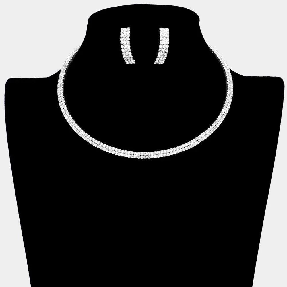 Silver 2 Rows Choker Necklace Rhinestone Paved - Jewelry Store by Erik Rayo