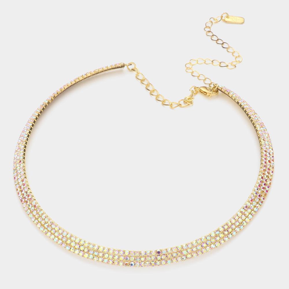 Gold 3 Rows Choker Necklace Rhinestone Paved - Jewelry Store by Erik Rayo